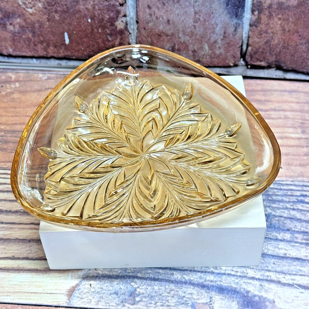Vintage Peach Hazel Atlas‎ Carnival Glass Triangular Ashtray Trinket Dish MCM